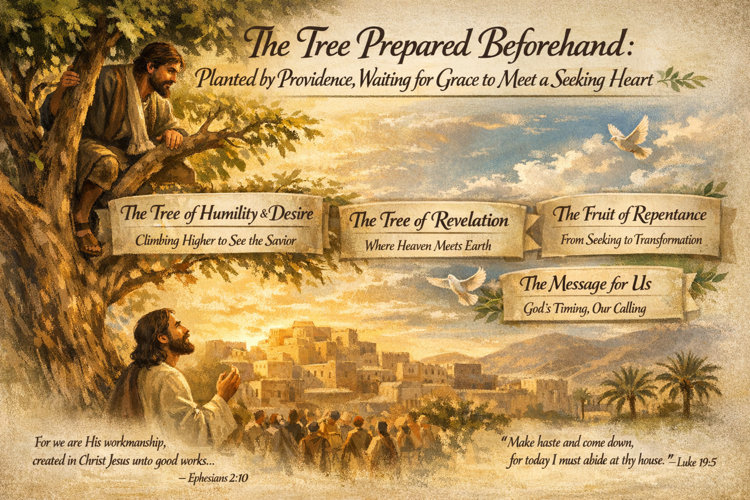 Title 'The Tree Prepared Beforehand: Planted by Providence, Waiting for Grace to Meet a Seeking Heart' with banners labeled 'The Tree of Humility & Desire: Climbing Higher to See the Savior,' 'The Tree of Revelation: Where Heaven Meets Earth,' 'The Fruit of Repentance: From Seeking to Transformation,' and 'The Message for Us: God’s Timing, Our Calling.' Includes Bible verses Ephesians 2:10 and Luke 19:5. Illustration of Jesus climbing a tree and another figure gesturing upward toward a city with people gathered below and doves flying.