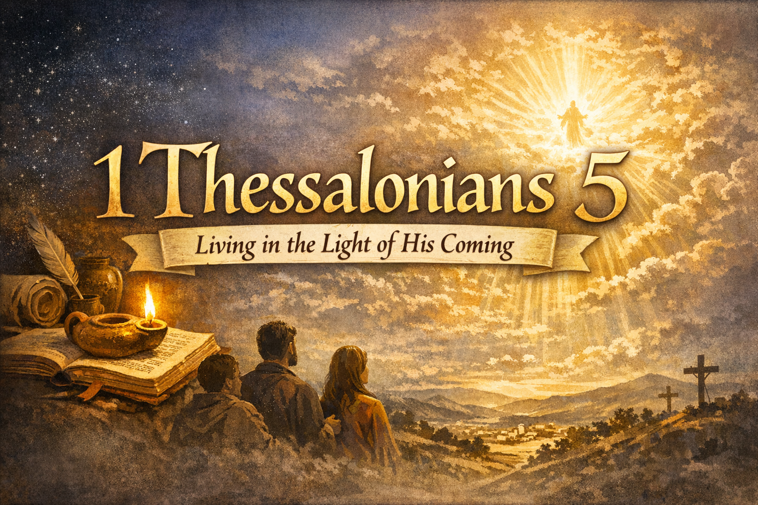 Text reading '1 Thessalonians 5 Living in the Light of His Coming' with a glowing figure descending from bright rays in a cloudy sky over a landscape with three crosses and three people looking towards the light