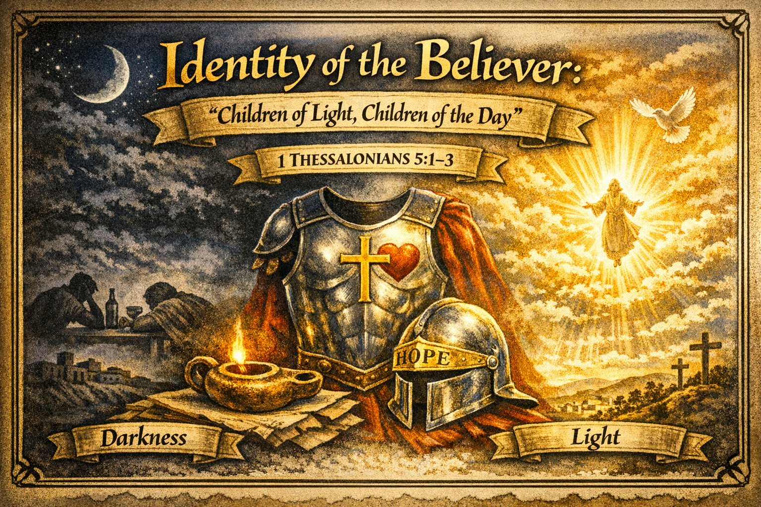 Armor with cross and heart, helmet labeled hope, oil lamp, two people in darkness, figure in light with dove, crosses on hill