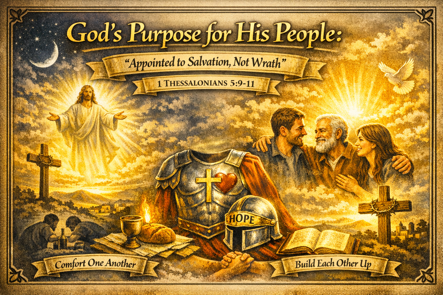 Text: God's Purpose for His People: Appointed to Salvation, Not Wrath, 1 Thessalonians 5:9-11; Images: Jesus in radiant light, praying people, armor with cross and heart, helmet labeled Hope, loaf and cup, open Bible, cross with crown of thorns, smiling family, dove