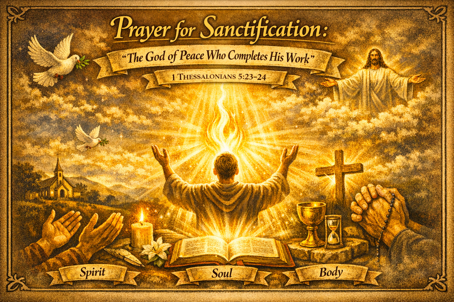 Man praying with open Bible and symbols of spirit, soul, body with Jesus, cross, doves, and candle