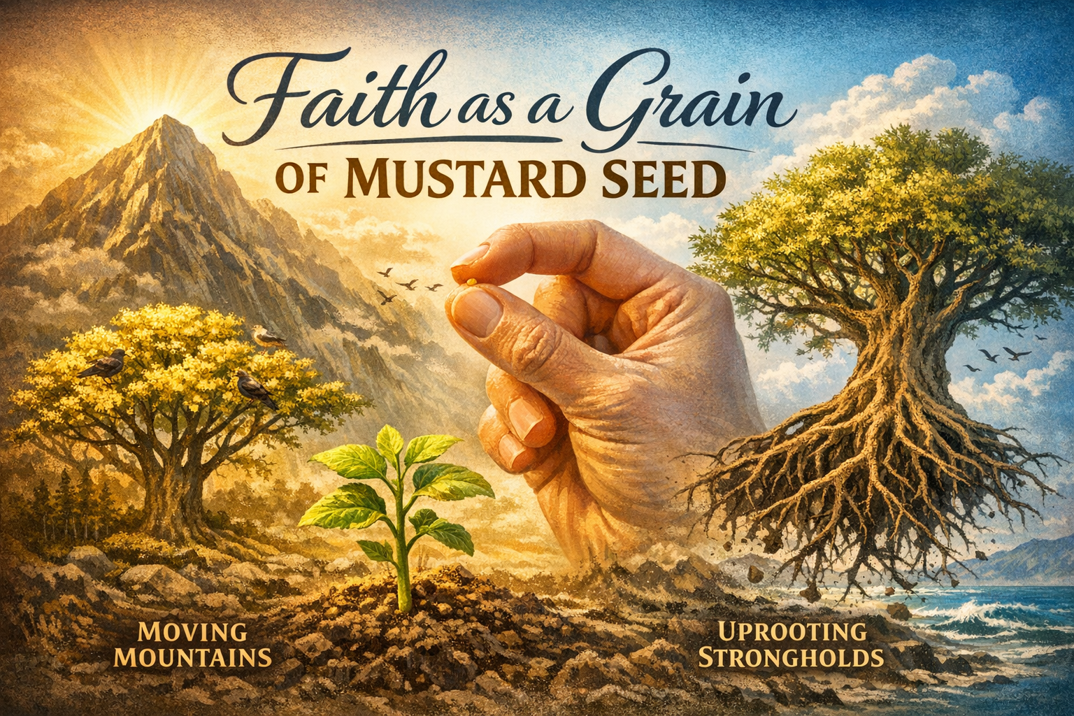 The image depicts a large hand holding a tiny mustard seed between thumb and forefinger, symbolizing faith. Surrounding the seed are illustrations representing growth and transformation: a young plant sprouting from the soil, a flourishing mustard tree with deep roots on a rocky shore, and a majestic mountain with the sun rising behind it. Birds fly in the sky, adding a sense of life and movement. The text highlights the theme of faith having the power to move mountains and uproot strongholds, reinforcing the spiritual and motivational message conveyed by the natural elements.