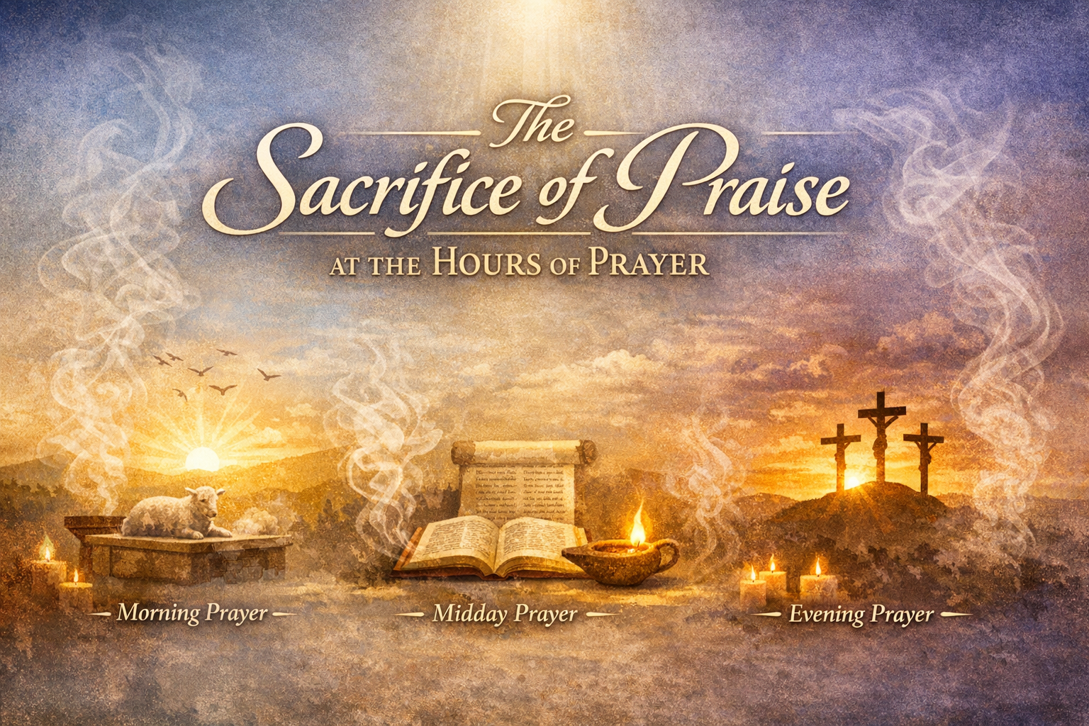 The Sacrifice of Praise at the Hours of Prayer with Morning Prayer showing a lamb on an altar at sunrise, Midday Prayer showing an open Bible and a burning oil lamp, and Evening Prayer showing three crosses on a hill at sunset with candles