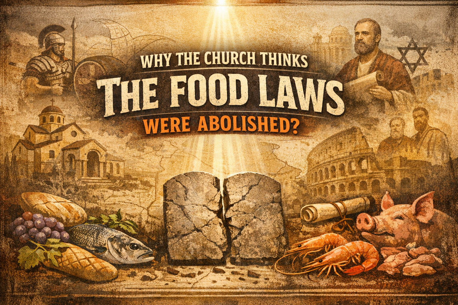 Text reading 'Why the church thinks the food laws were abolished?' surrounded by ancient Roman and biblical figures, the Colosseum, stone tablets, and various foods including bread, grapes, fish, shrimp, and a pig.