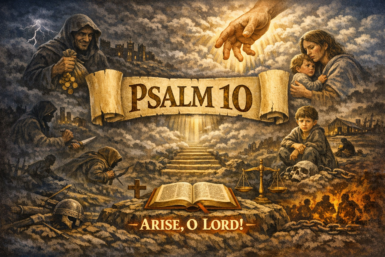 Open Bible with Psalm 10 and phrase Arise O Lord surrounded by scenes of violence, suffering, and a protective mother with child