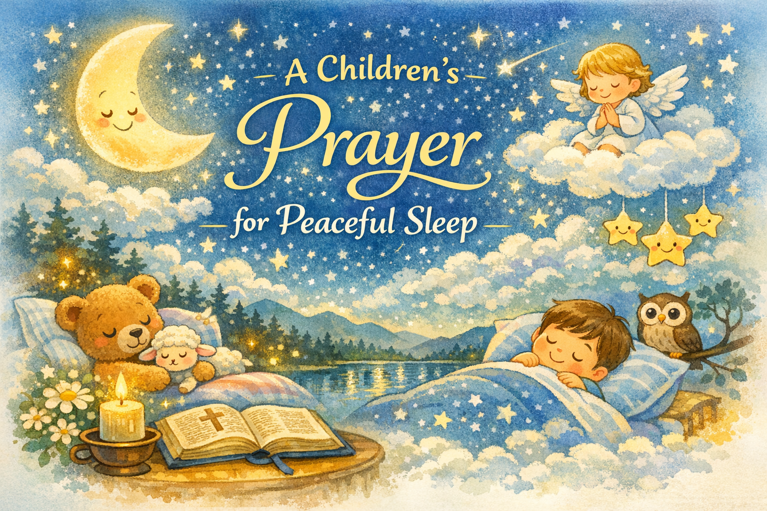 A children's bedtime scene with a sleeping boy, a teddy bear hugging a lamb, an owl, and a praying angel on a cloud under a smiling crescent moon and stars, alongside an open Bible and a lit candle
