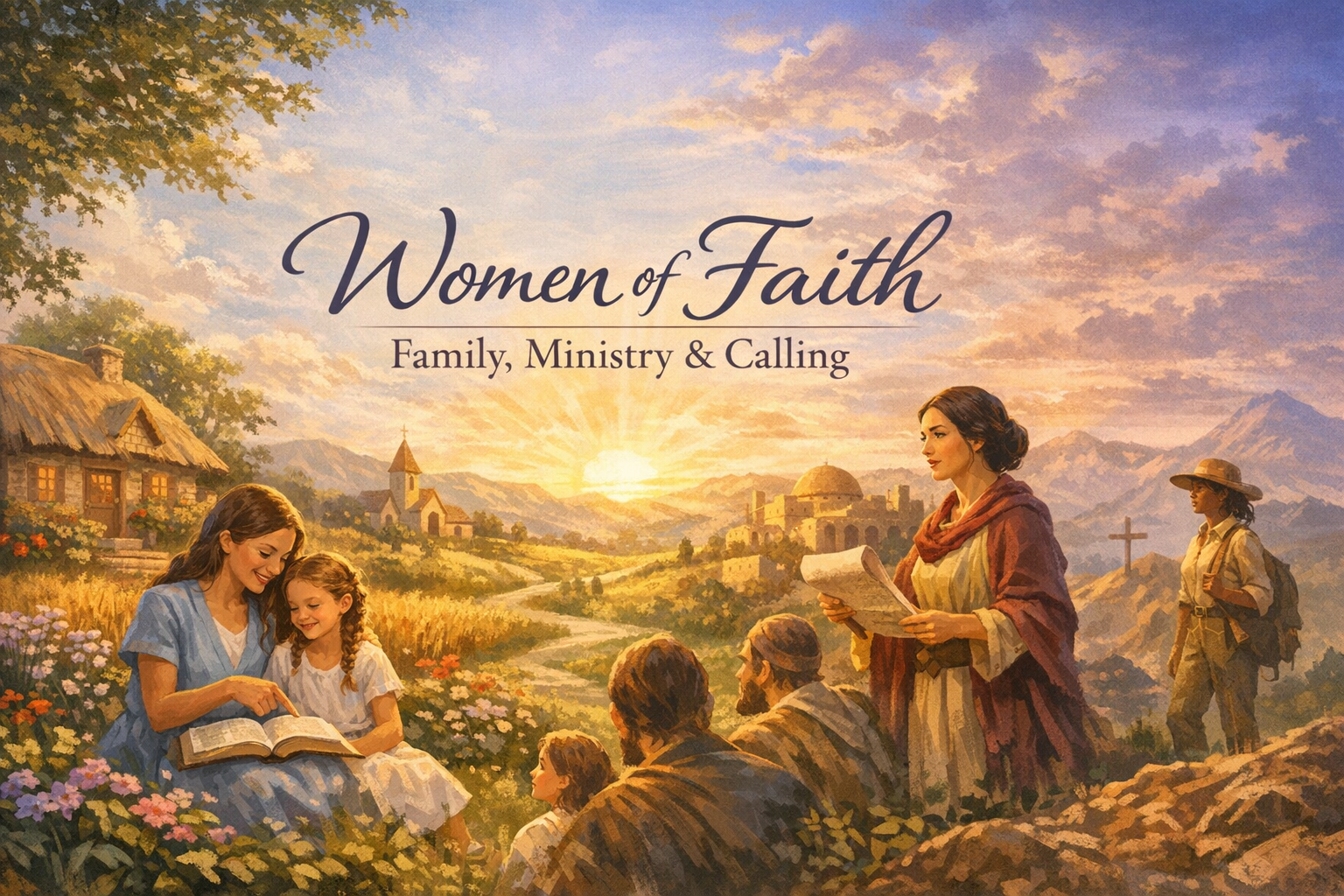 Text 'Women of Faith Family, Ministry & Calling' with women teaching and guiding children in a pastoral setting