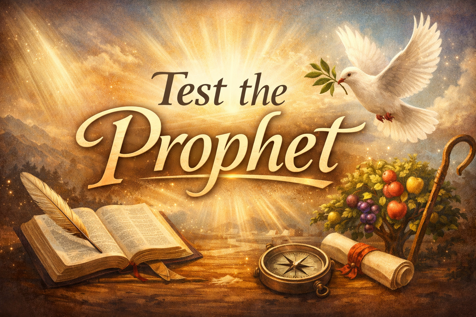 The image features a radiant background with golden light beams emanating from the center, highlighting the phrase 'Test the Prophet' in elegant, large font. Surrounding this text are symbolic elements including an open book with a quill, a compass, a rolled parchment sealed with a red ribbon, a shepherd's staff, and a tree bearing colorful fruits. A white dove carrying an olive branch is flying near the top right, adding a peaceful and spiritual ambiance. The composition blends warm and earthy tones to evoke a sense of wisdom, guidance, and divine inspiration.