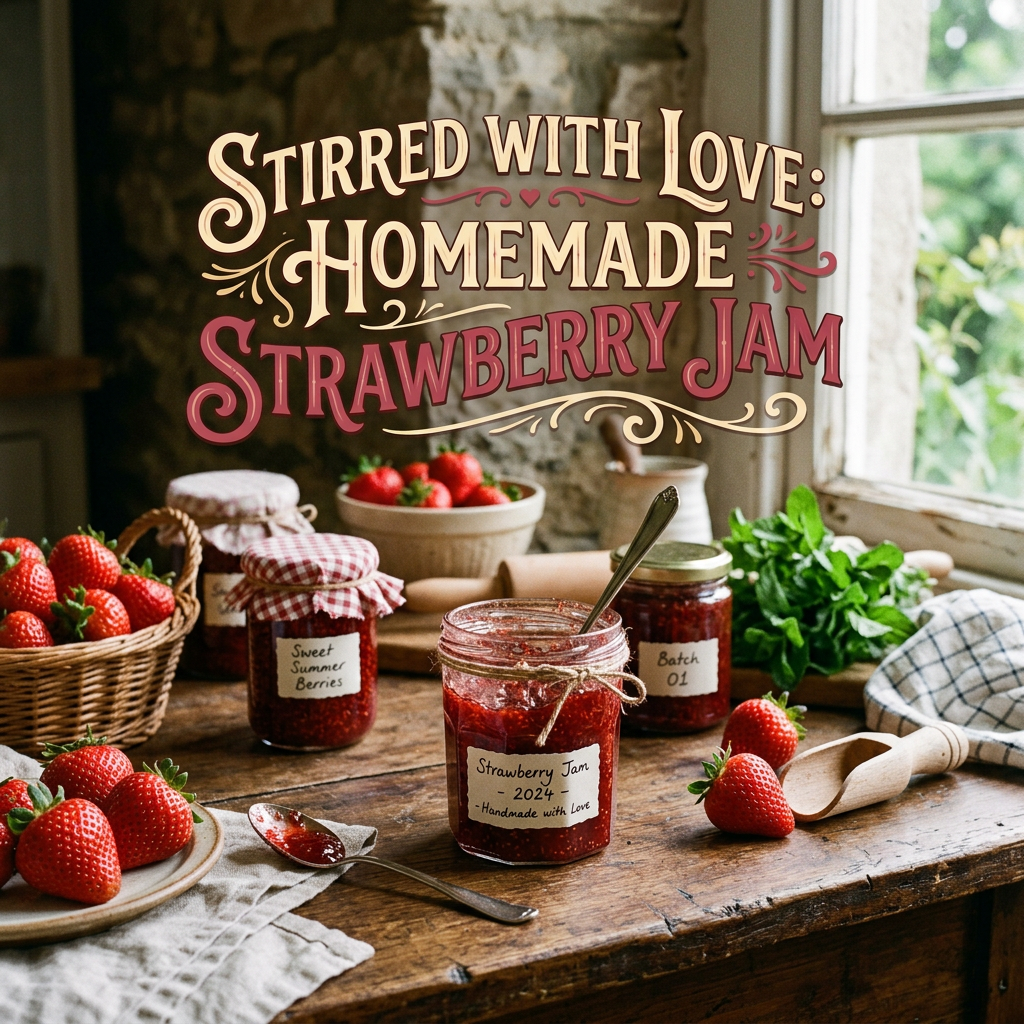 Jars of homemade strawberry jam with fresh strawberries and kitchen tools on a wooden table