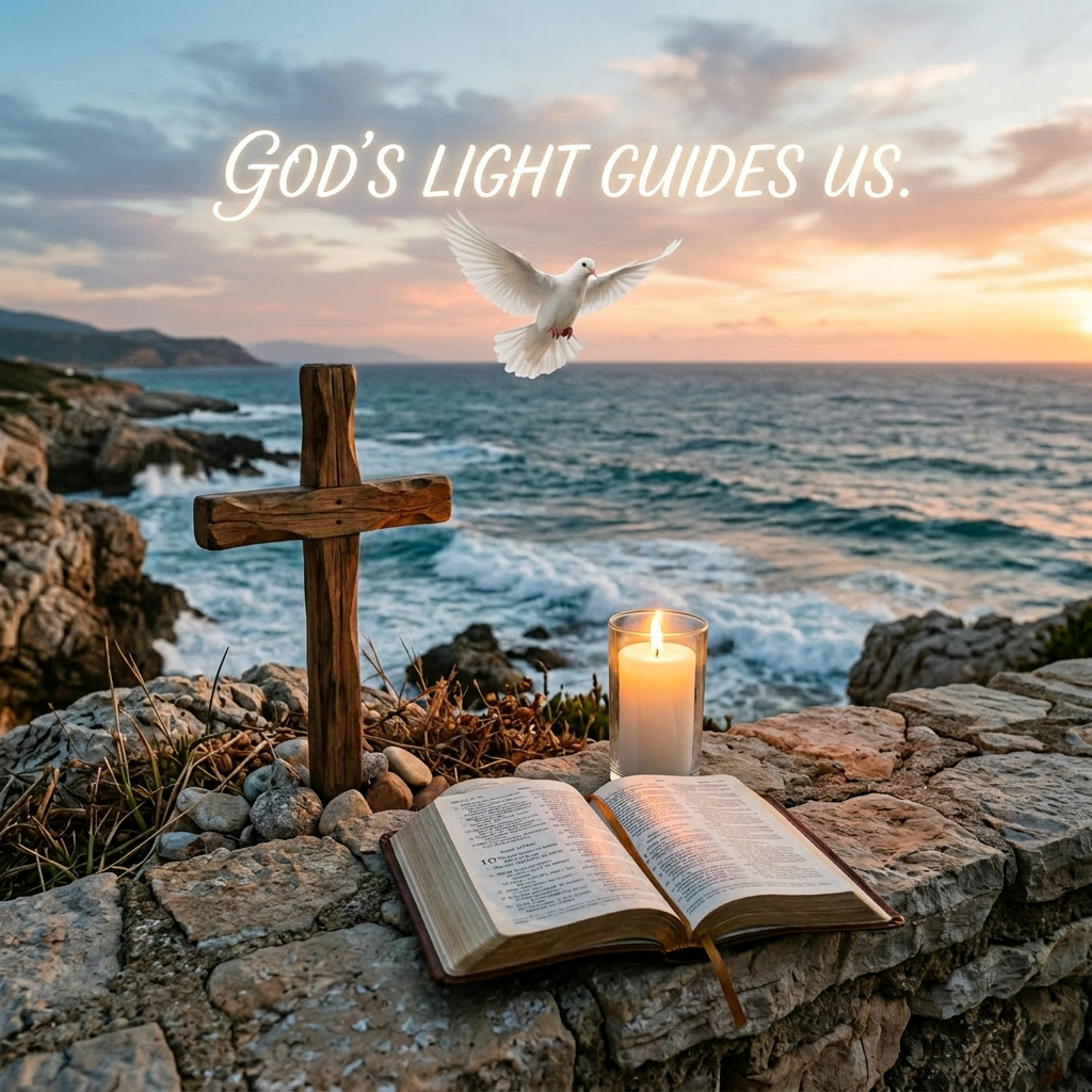 Wooden cross with rosary, open Bible, lit candle, and a white dove flying by the ocean at sunset with text God's Light Guides Us