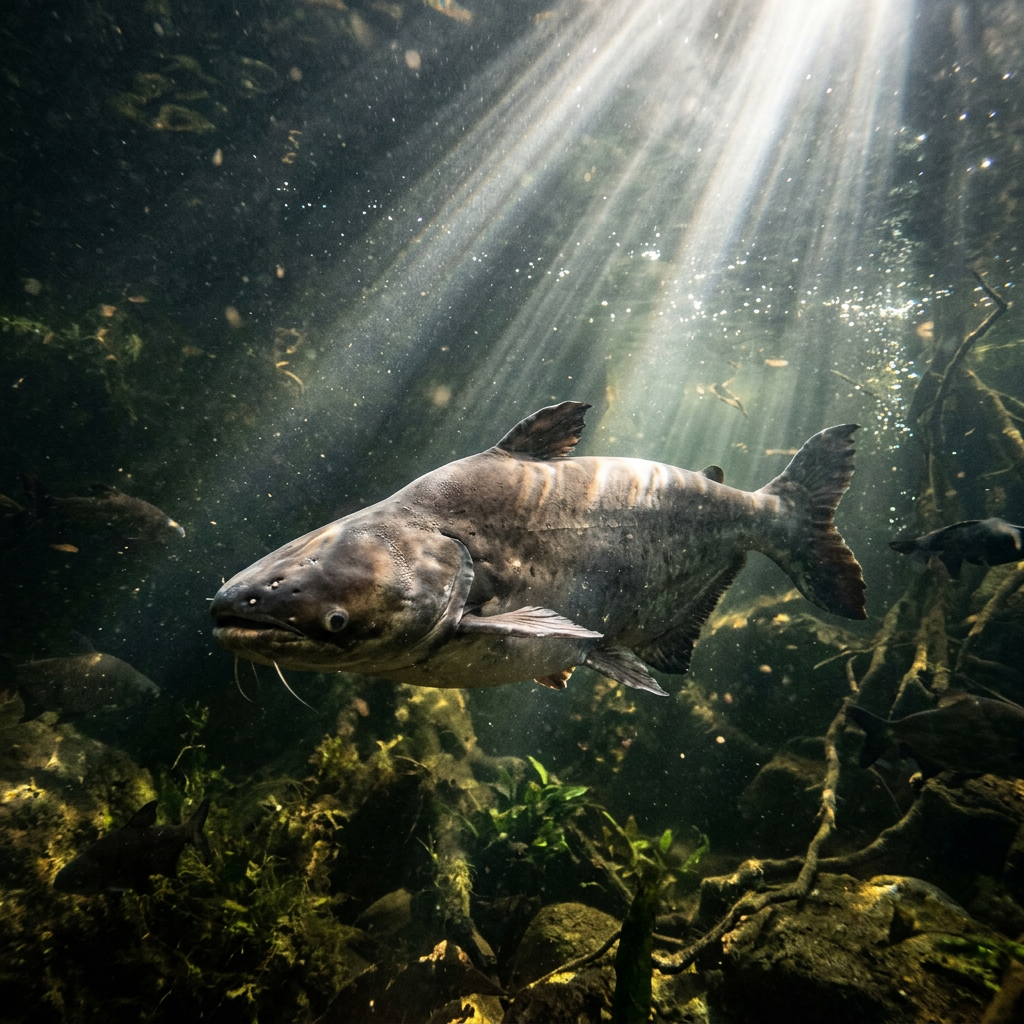 Freshwater fish swimming near riverbed vegetation under sunlight rays