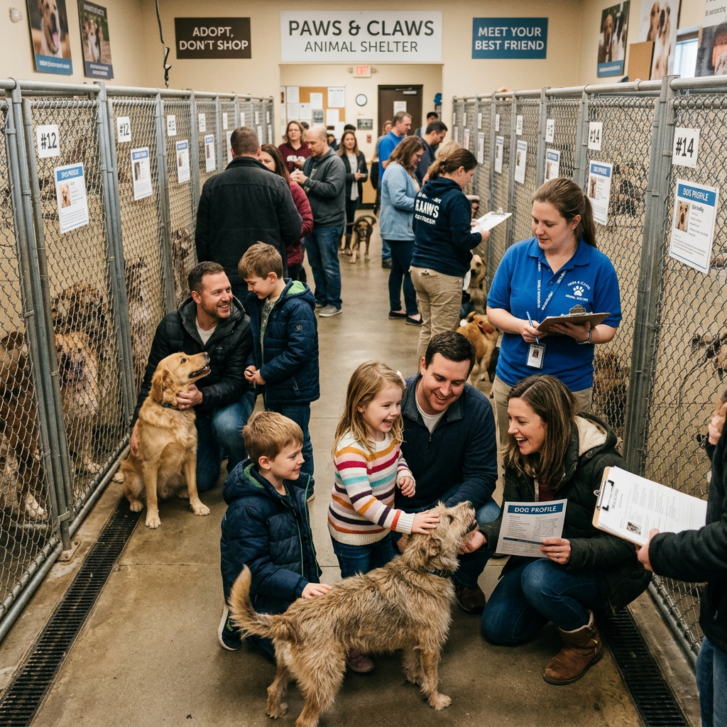 People meeting and petting dogs inside an animal shelter kennel area during adoption event