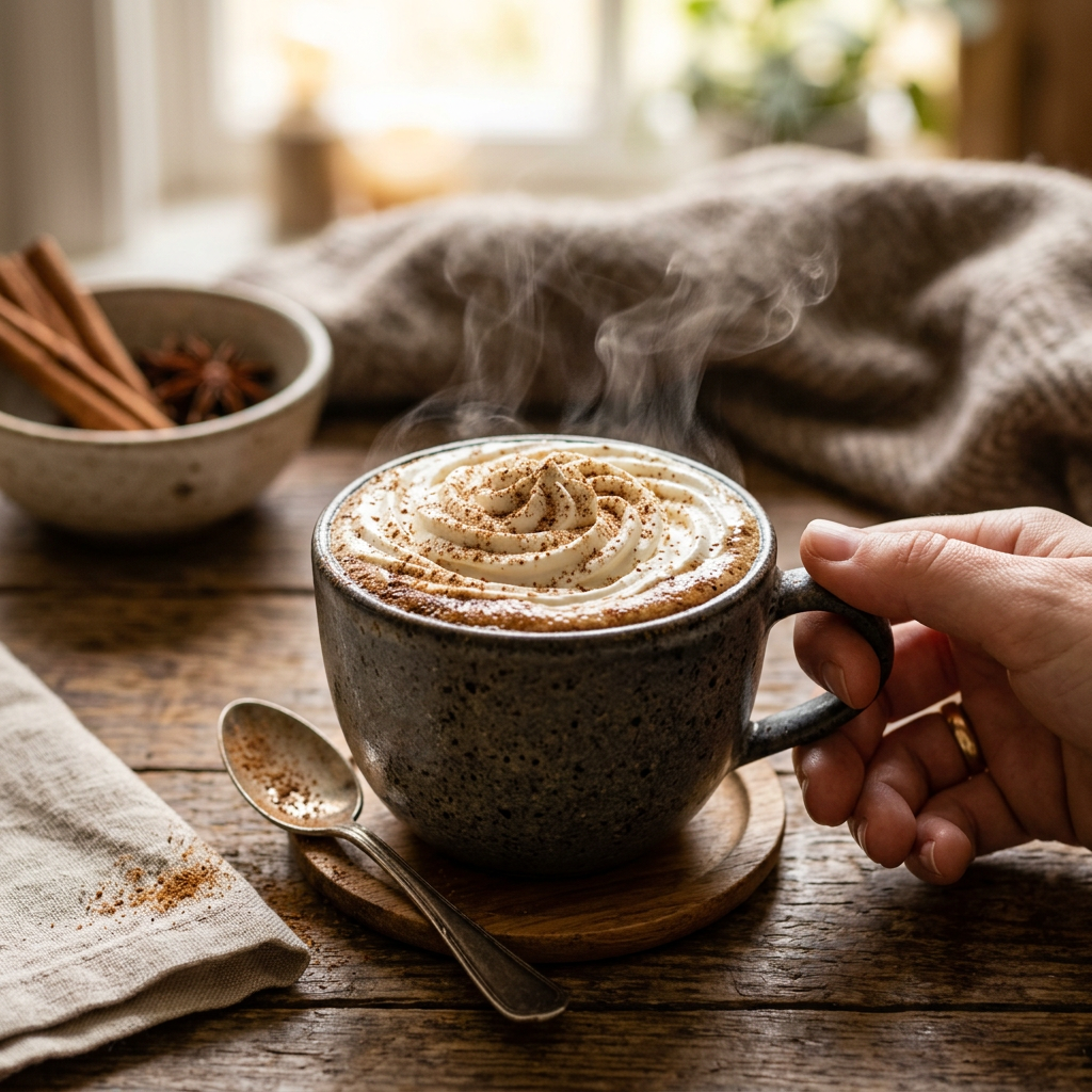 Steaming mug of coffee with whipped cream and cinnamon on wooden table
