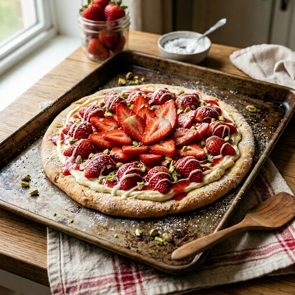 Strawberry dessert pizza with cream, sliced strawberries, mint leaves, and pistachios on a baking sheet