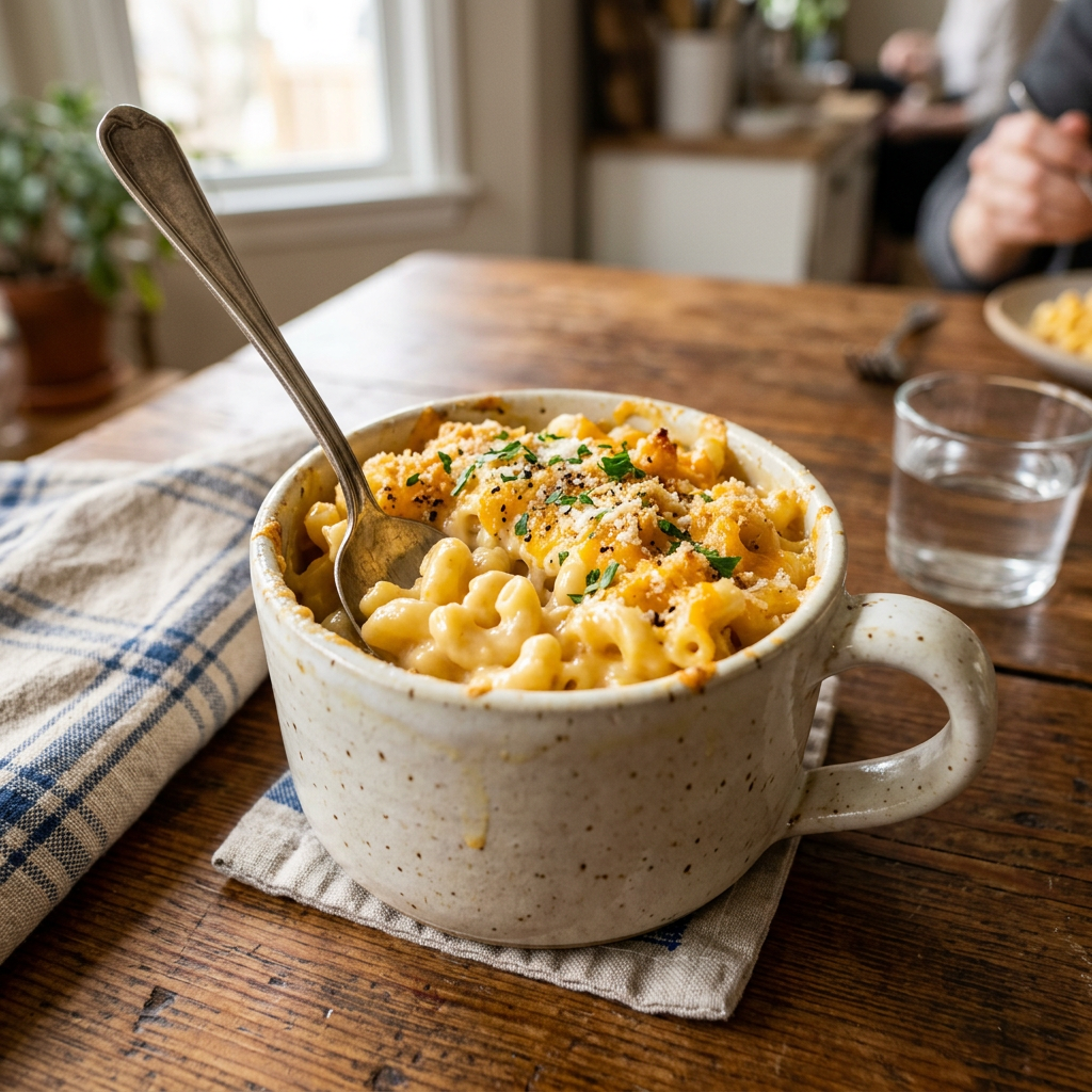 Baked macaroni and cheese in a ceramic mug topped with breadcrumbs and fresh herbs