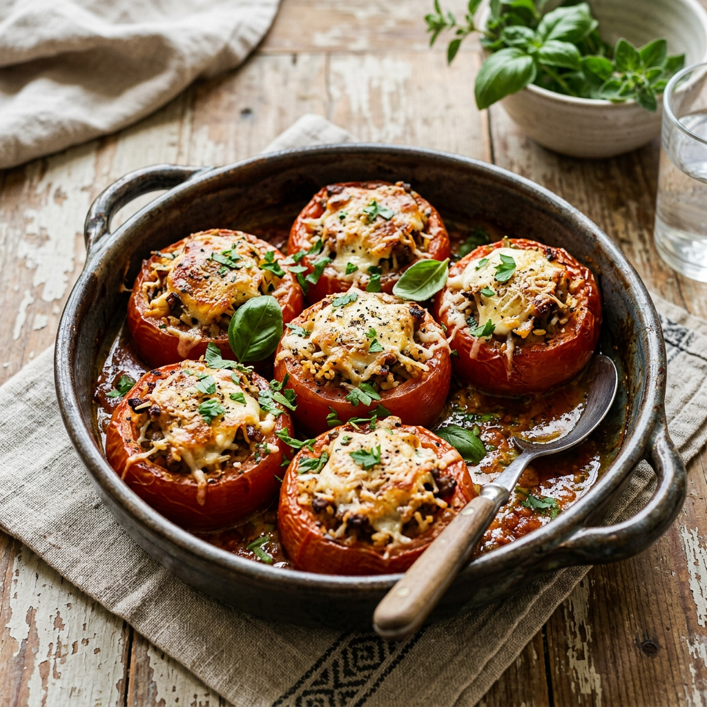 Six baked stuffed tomatoes topped with melted cheese and fresh herbs in a ceramic baking dish