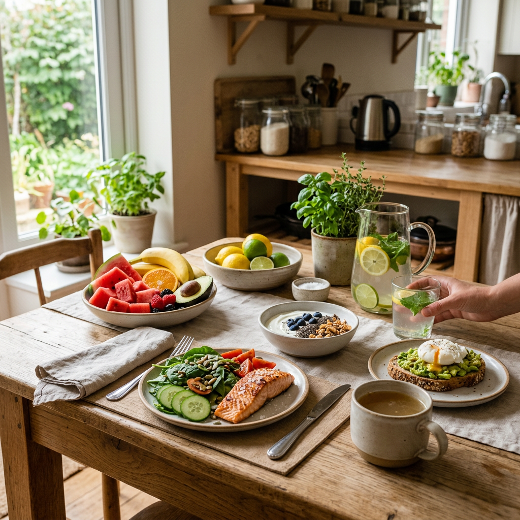 Breakfast table with salmon, salad, avocado toast, fruit bowl, yogurt, and lemon water
