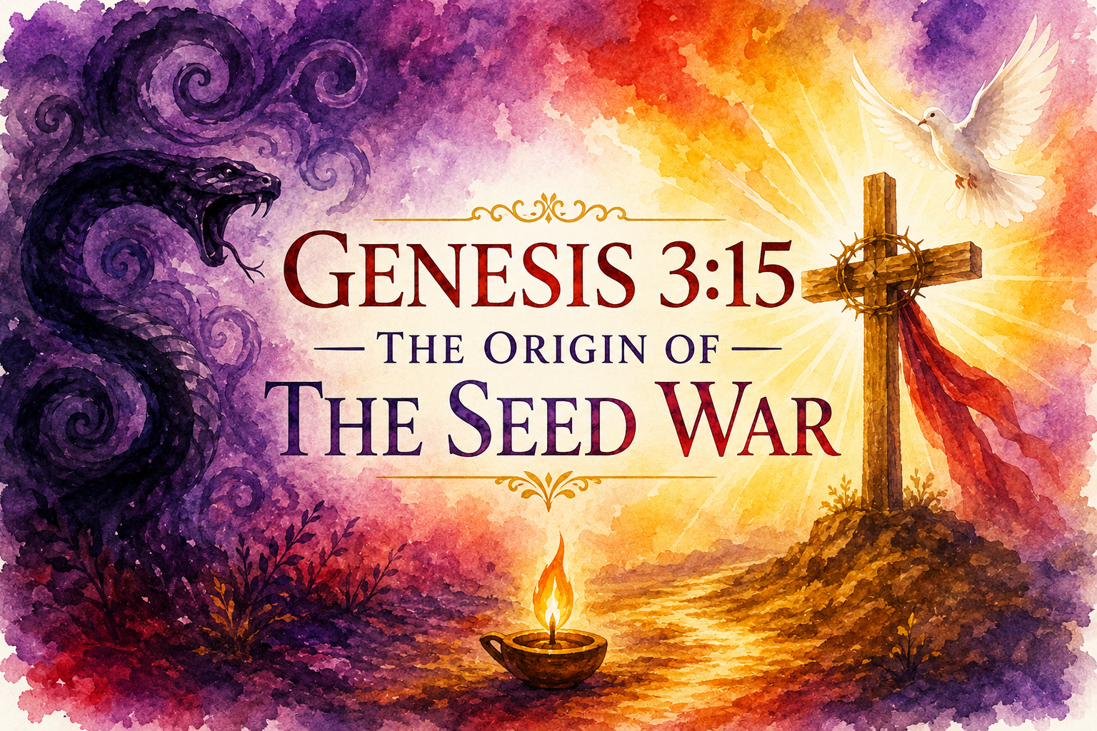 Genesis 3:15 The origin of the seed war with a serpent on the left, a glowing cross with a crown of thorns and red cloth on the right, a white dove above, and a lit oil lamp below