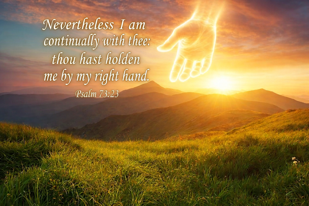 Text reading 'Nevertheless I am continually with thee: thou hast holden me by my right hand. Psalm 73:23' over a sunrise mountain landscape with a glowing hand reaching out