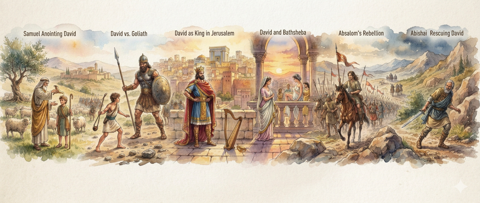 Sequential scenes depicting biblical events: Samuel anointing young David, David facing Goliath with sling and shield, David crowned as king in Jerusalem with harp, David and Bathsheba conversing on a balcony, Absalom leading a rebellion on horseback, and Abishai rescuing David with a sword in hand