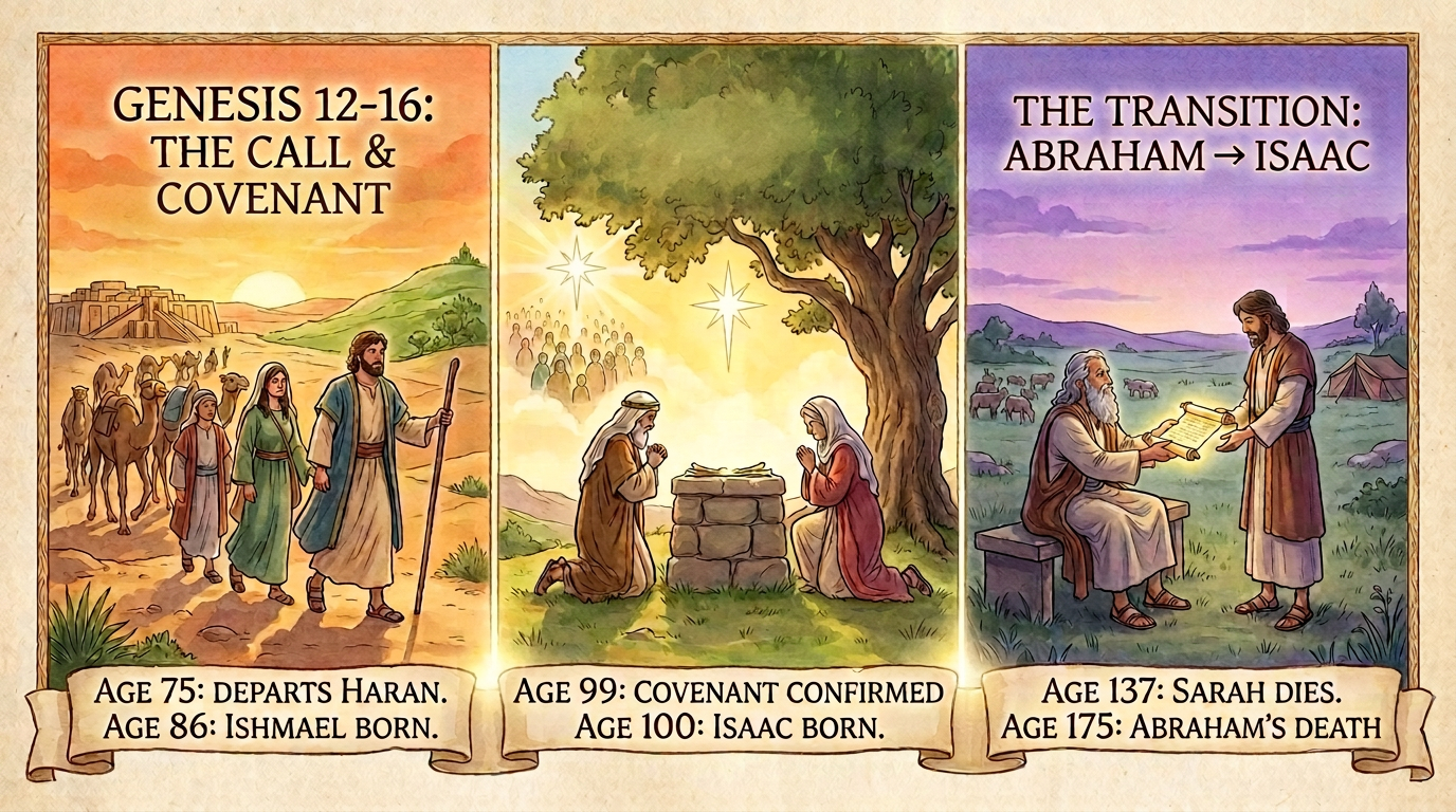 Biblical timeline panels showing Abraham's journey, covenant confirmation, and transition to Isaac with key ages and events