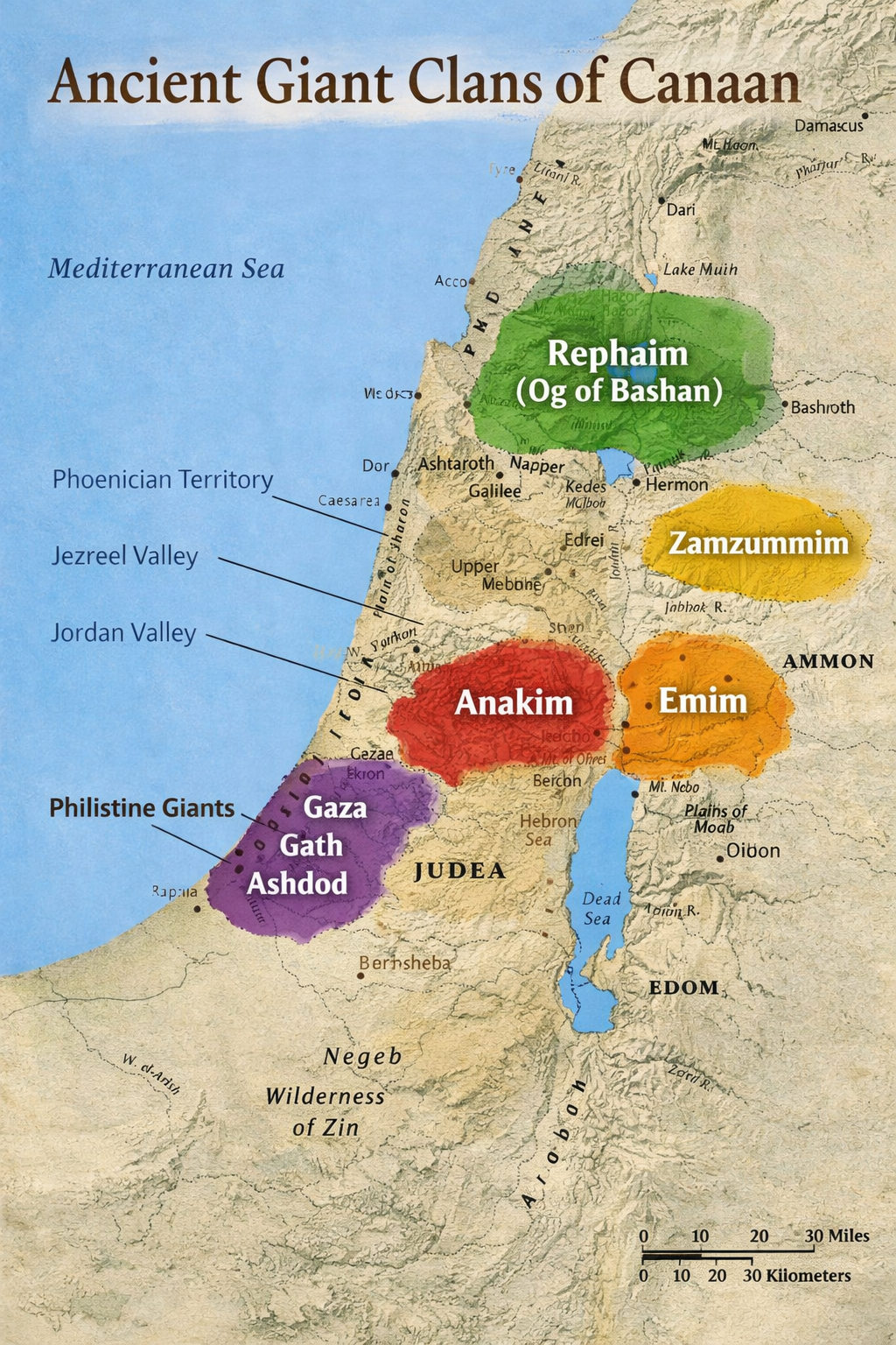 Map showing locations of ancient giant clans in Canaan including Rephaim, Anakim, Zamzummim, Emim, and Philistine Giants with surrounding regions and valleys labeled