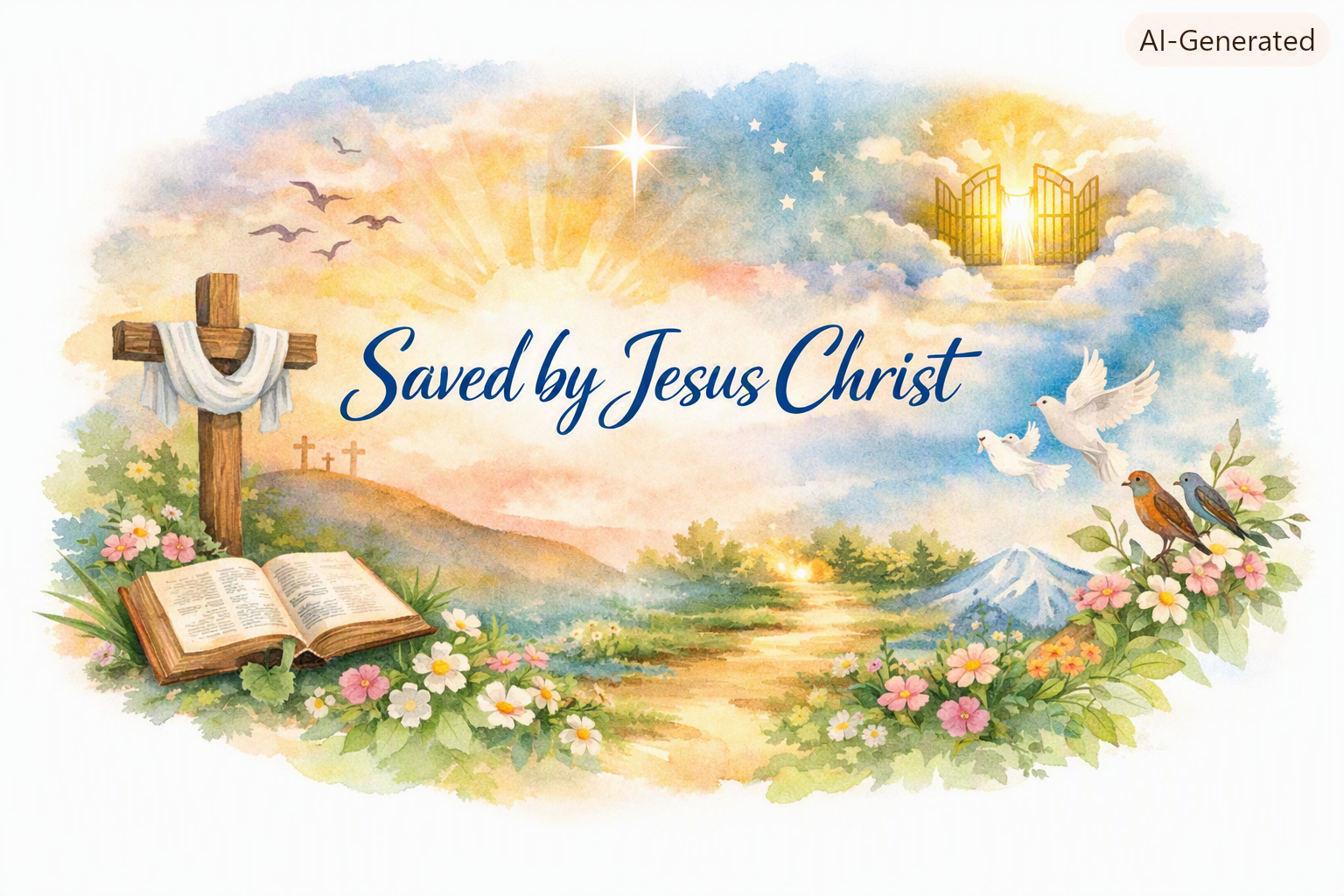 Cross with white cloth, open Bible, flowers, birds, shining star, golden gates in clouds, and text 'Saved by Jesus Christ'