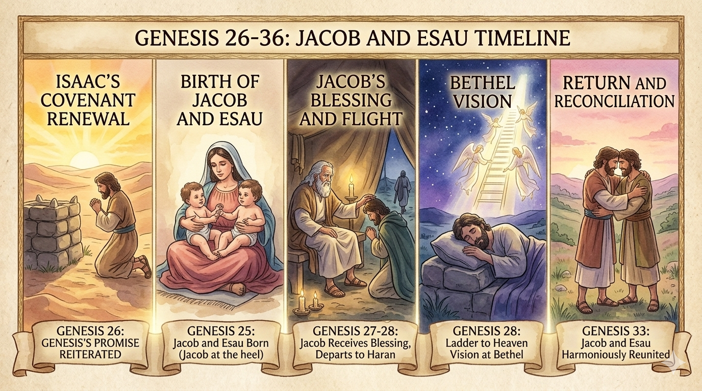 Timeline of Genesis 26-36 illustrating key events: Isaac praying at a well, birth of twins Jacob and Esau, Jacob receiving blessing and leaving, Jacob's ladder vision at Bethel, and Jacob and Esau's reunion