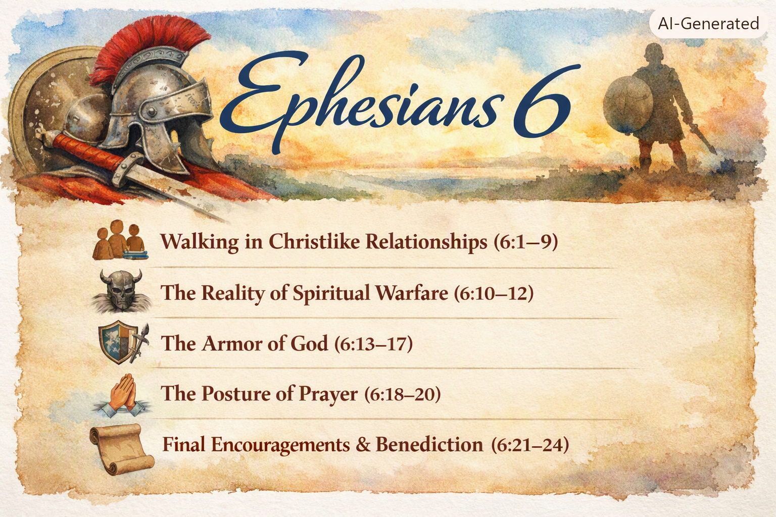 Ephesians 6 outline with sections on Christlike relationships, spiritual warfare, armor of God, prayer, and final encouragements