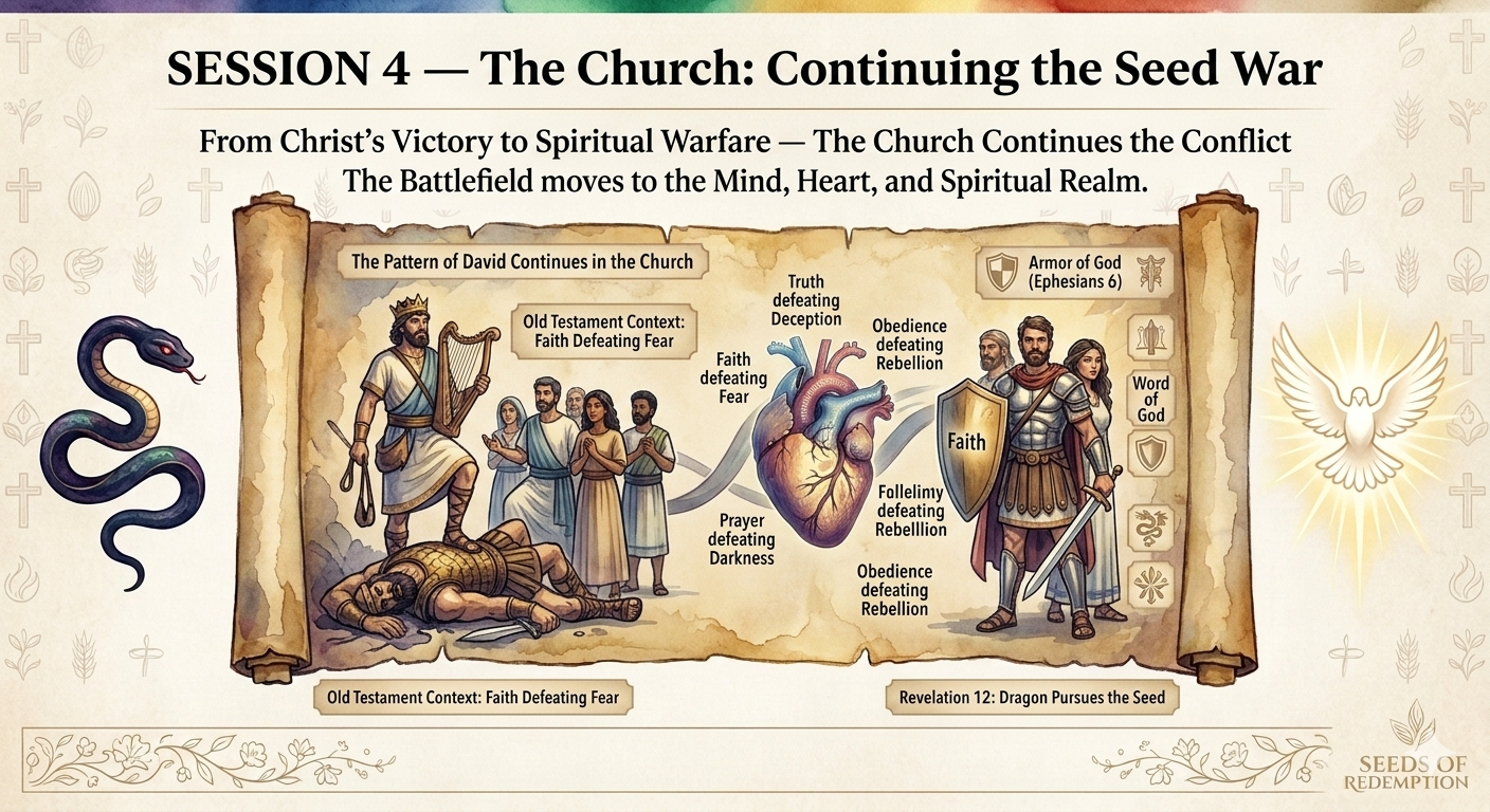 Illustration showing spiritual warfare as a battle between faith and rebellion, featuring Old Testament figures, a heart symbolizing faith conquering fear and darkness, and armor of God with references to Ephesians 6 and Revelation 12