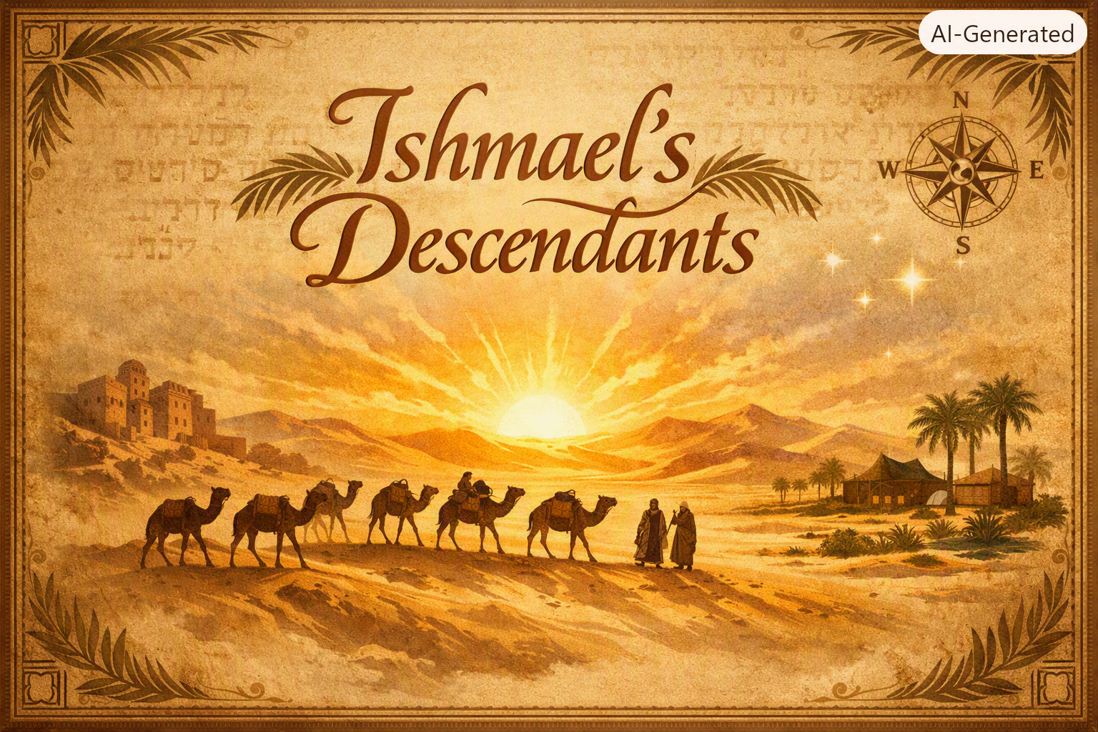 Desert caravan with camels and two people walking at sunrise, text reads Ishmael's Descendants