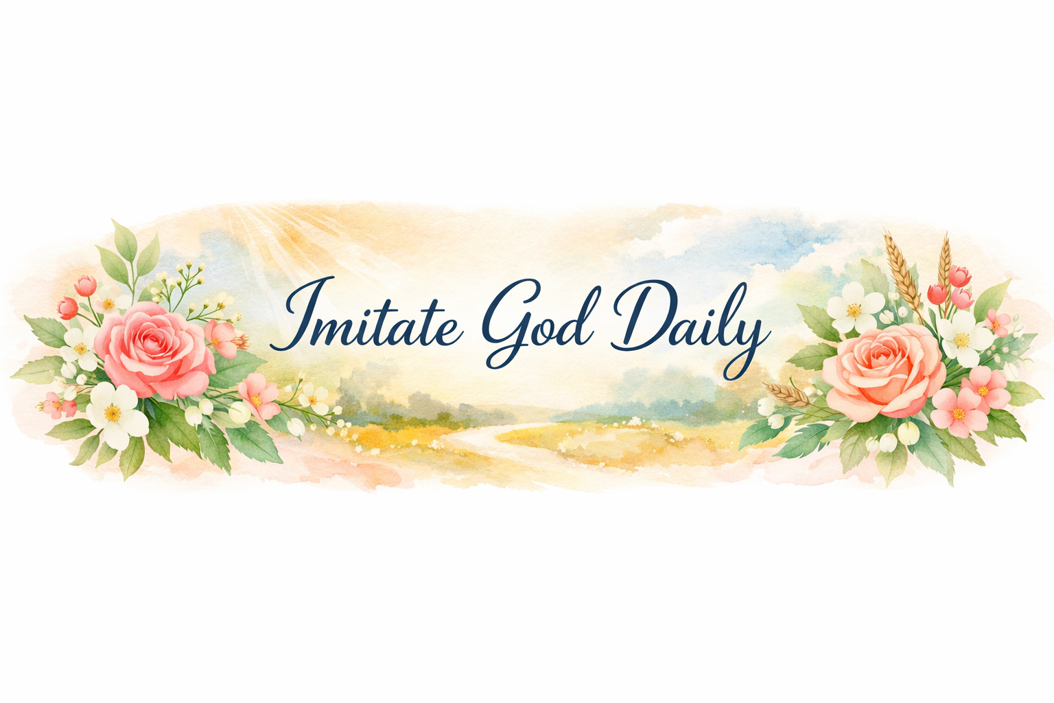 Imitate God Daily text with floral decoration and a sunny watercolor background