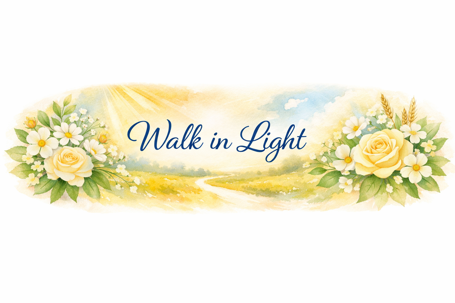 Watercolor painting with yellow and white flowers framing a sunlit path and the text Walk in Light in cursive