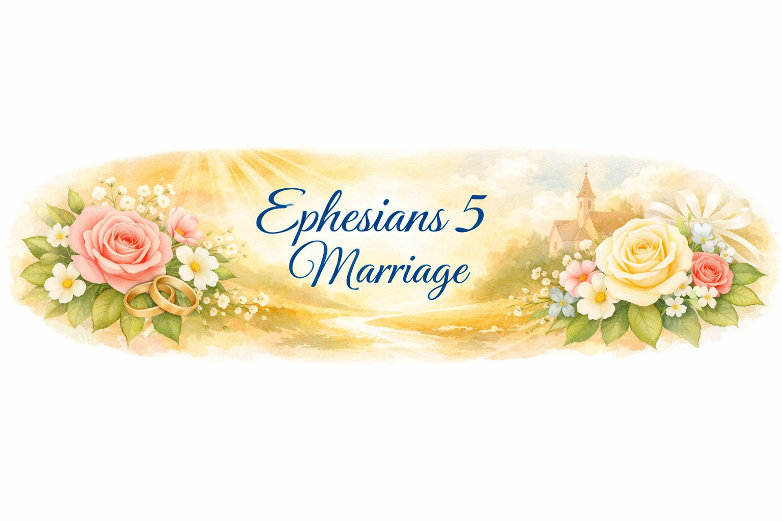 Ephesians 5 Marriage with floral decorations, wedding rings, and a church in the background