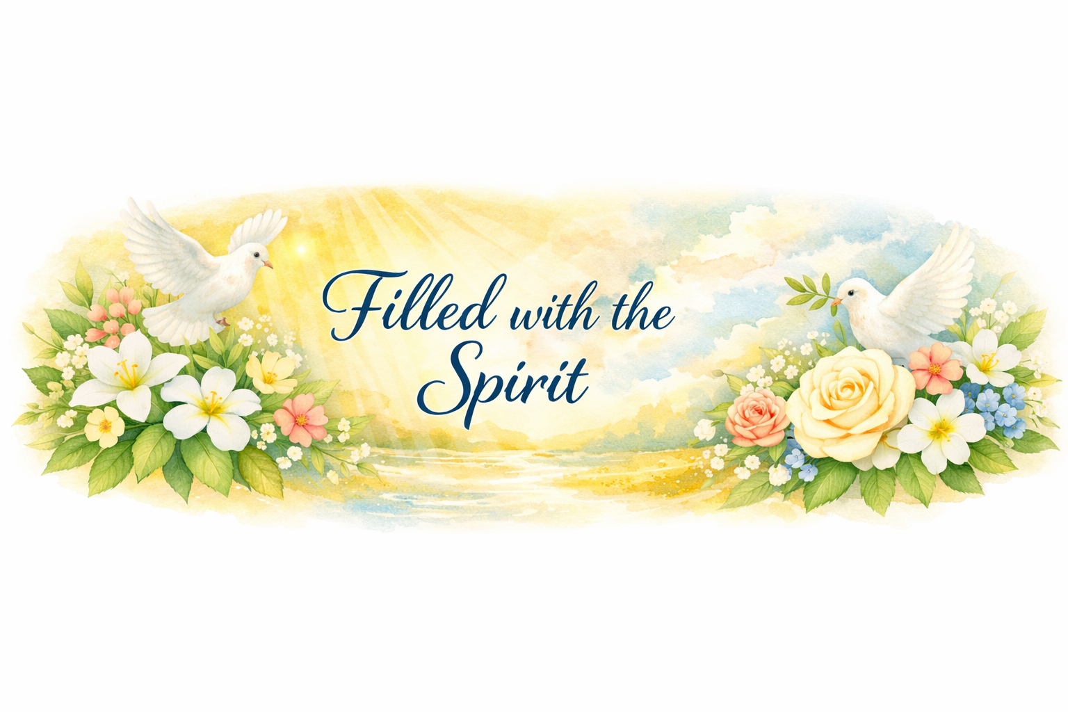 Filled with the Spirit text surrounded by white doves and colorful flowers with sunlight and clouds background