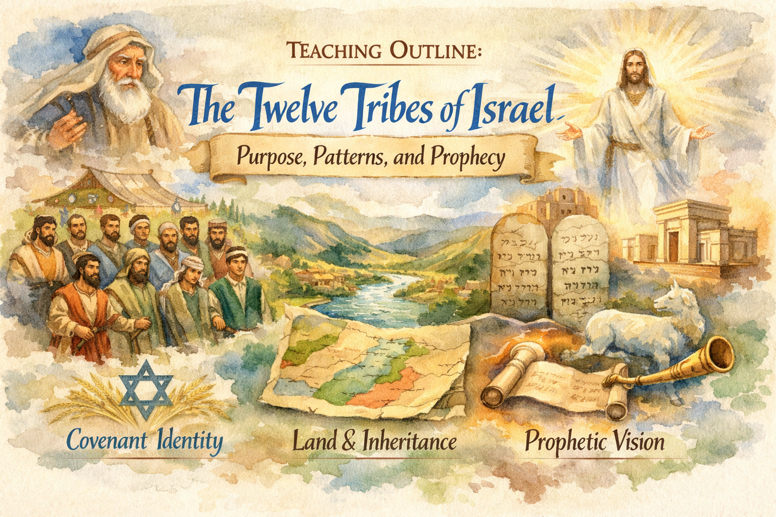 Teaching outline titled The Twelve Tribes of Israel with themes Covenant Identity, Land & Inheritance, and Prophetic Vision illustrated by biblical figures, a scroll, tablets, a map, a lamb, and a temple