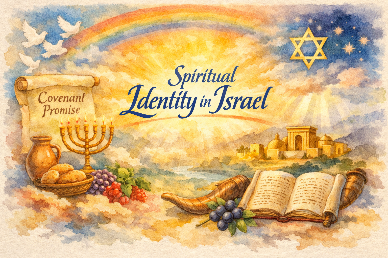 Scroll with text Covenant Promise, menorah, bread, grapes, shofar, open scroll with Hebrew text, Star of David, rainbow, and ancient temple under sunlight with the phrase Spiritual Identity in Israel
