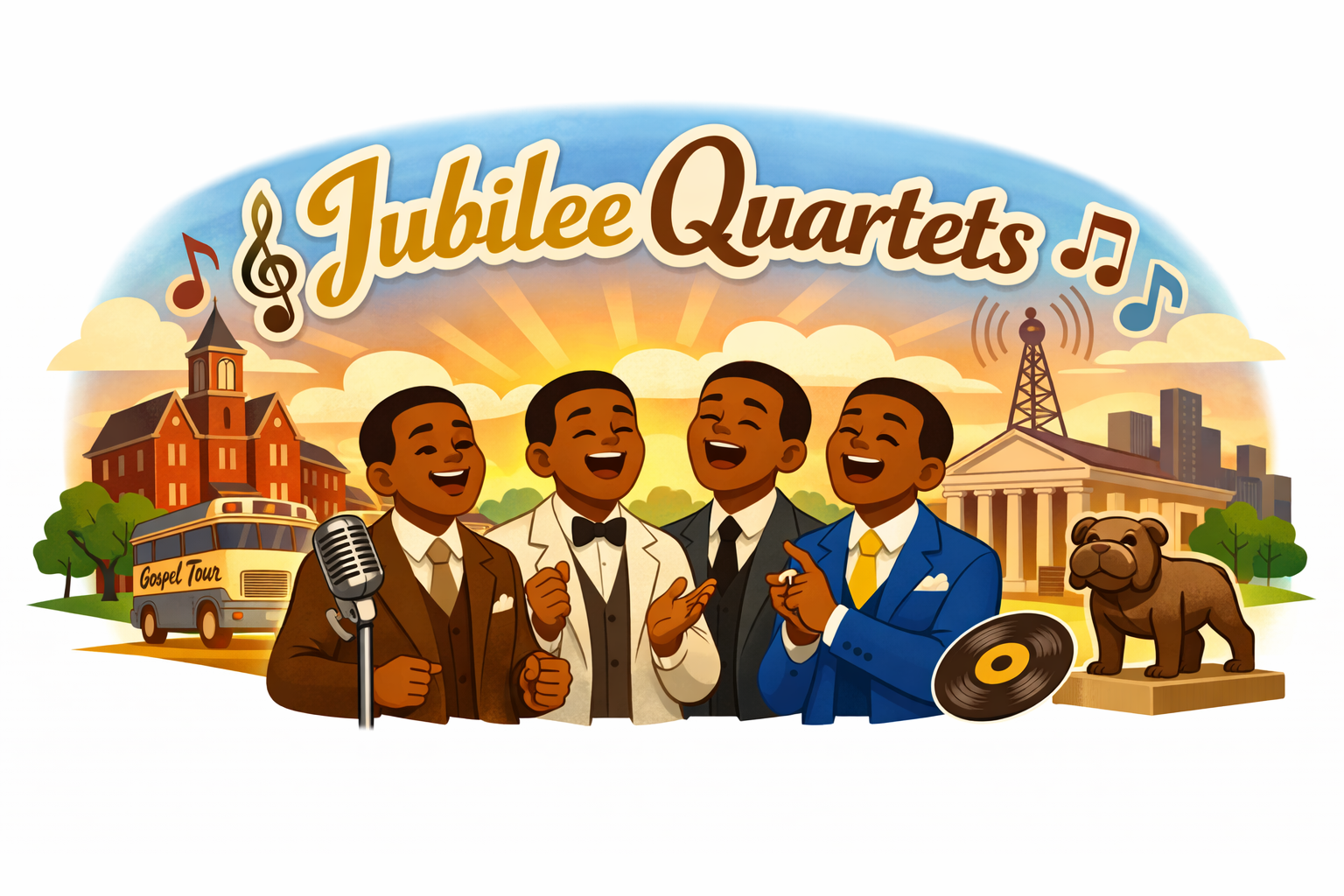 Jubilee Quartets logo showing four men singing joyfully in suits with a vintage microphone, a gospel tour bus, a church, radio tower, vinyl record, and bulldog statue