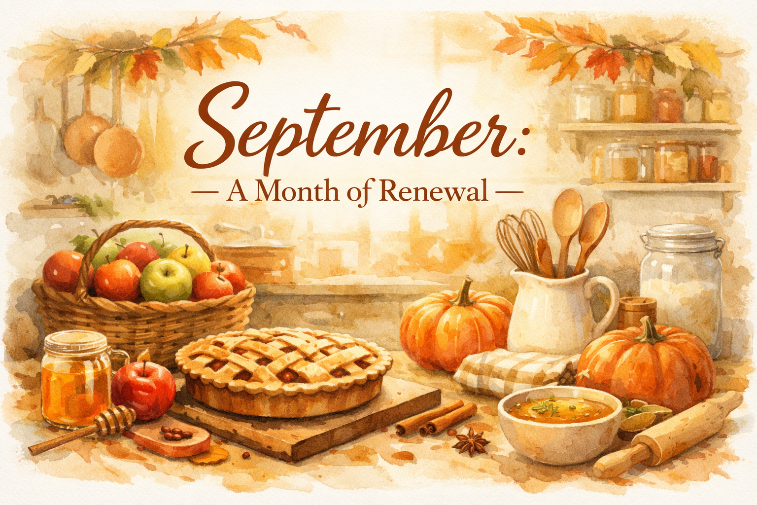 September a month of renewal text with autumn kitchen scene featuring apples, pumpkin pie, pumpkins, honey, spices, and cooking utensils
