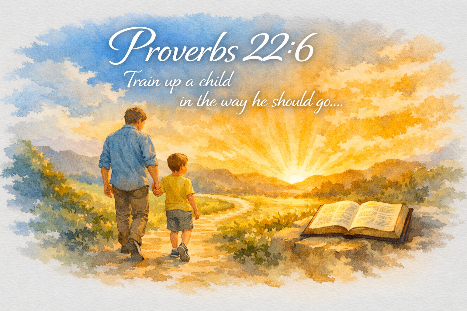 Proverbs 22:6 Train up a child in the way he should go with an adult and child walking hand in hand on a path toward a sunrise and an open Bible nearby