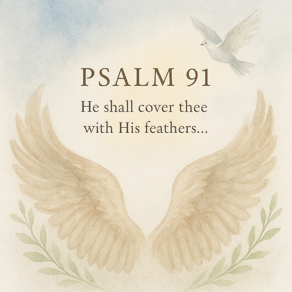 Psalm 91 text reading He shall cover thee with His feathers with illustrated wings and a flying dove