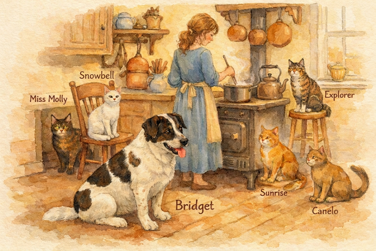 Woman cooking at stove with five cats and a dog named Miss Molly, Snowbell, Bridget, Explorer, Sunrise, and Canelo