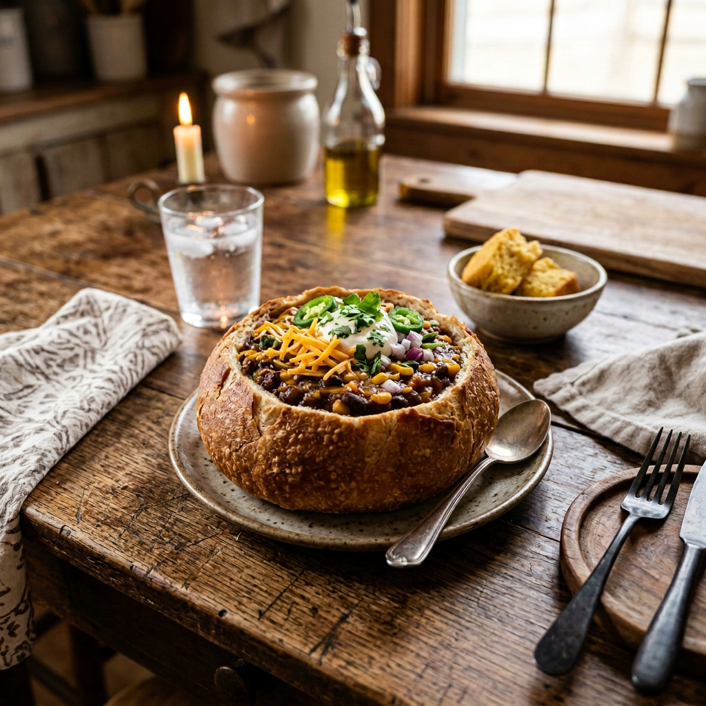 Chili with cheese, sour cream, jalapeño, and cilantro served in a bread bowl on a rustic wooden table