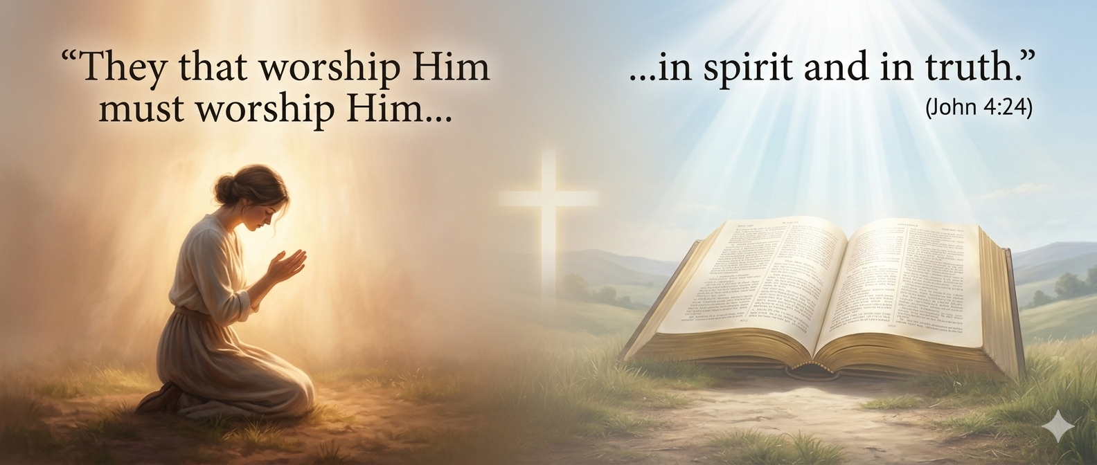 They that worship Him must worship Him in spirit and in truth John 4:24, woman praying kneeling outdoors, glowing cross, open Bible with sun rays