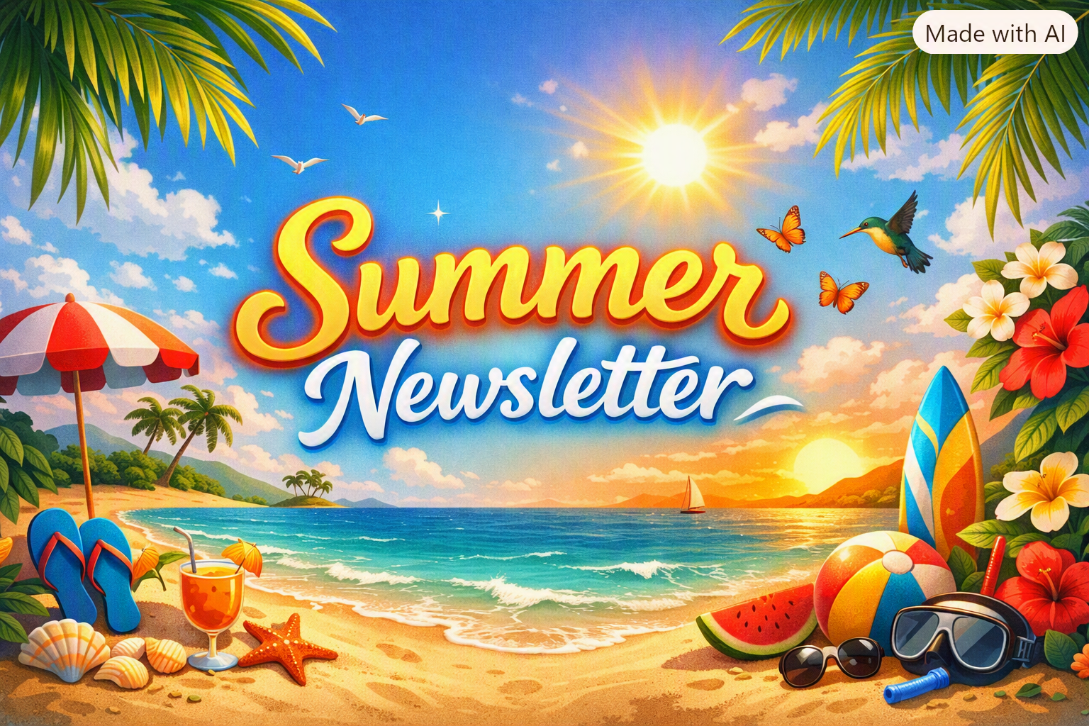 Colorful tropical beach scene with text reading “Summer Newsletter” and “Made with AI”