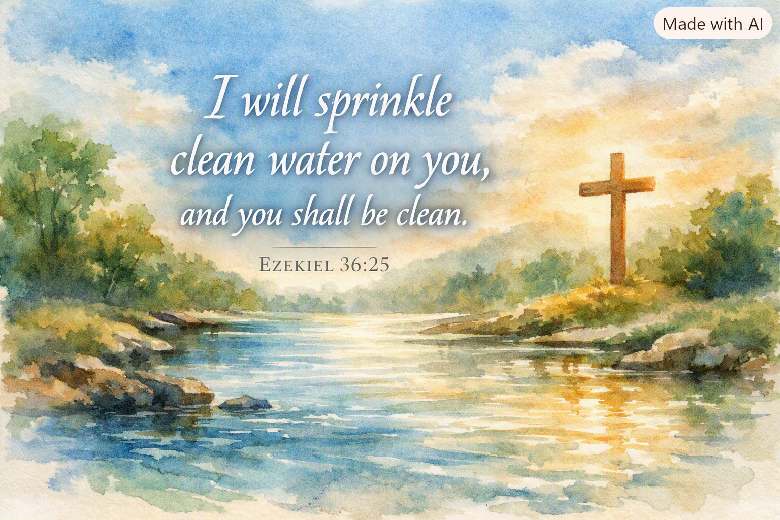 Watercolor landscape with a cross beside a river and Ezekiel 36:25 text