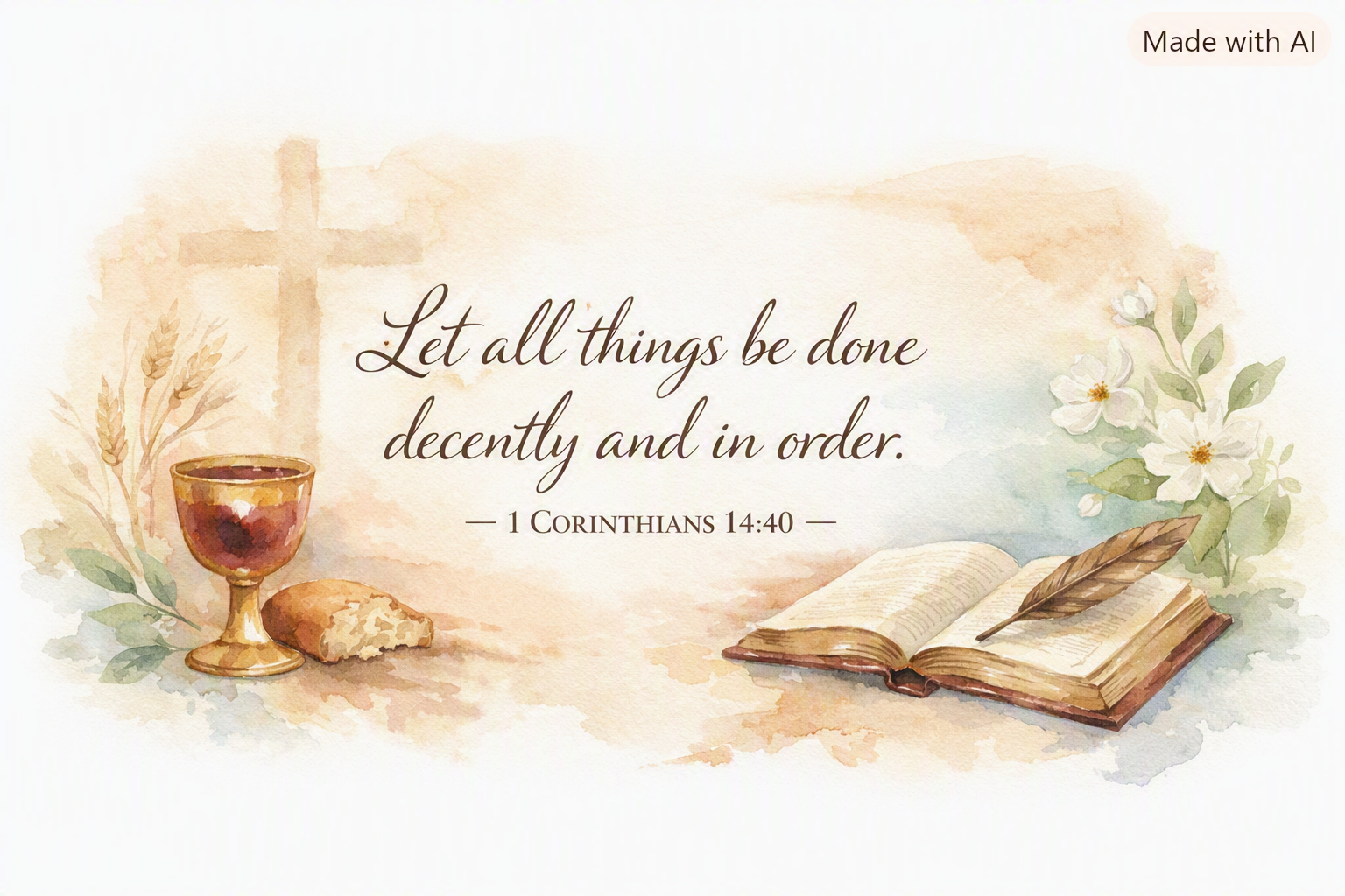 Watercolor Christian artwork with a cross, chalice, Bible, flowers, and text: “Let all things be done decently and in order. — 1 Corinthians 14:40”