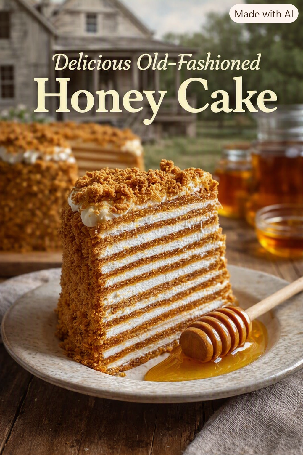 Slice of layered honey cake with cream, honey drizzle, and honey dipper; text reads “Delicious Old-Fashioned Honey Cake” and “Made with AI”