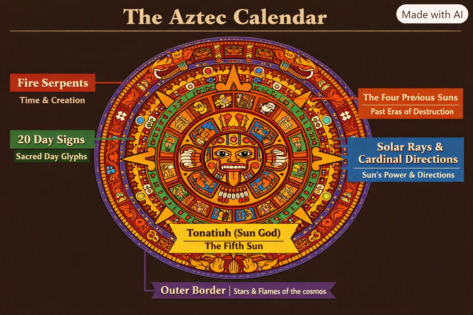The Aztec Calendar with Tonatiuh, 20 Day Signs, Four Previous Suns, Fire Serpents, and Solar Rays