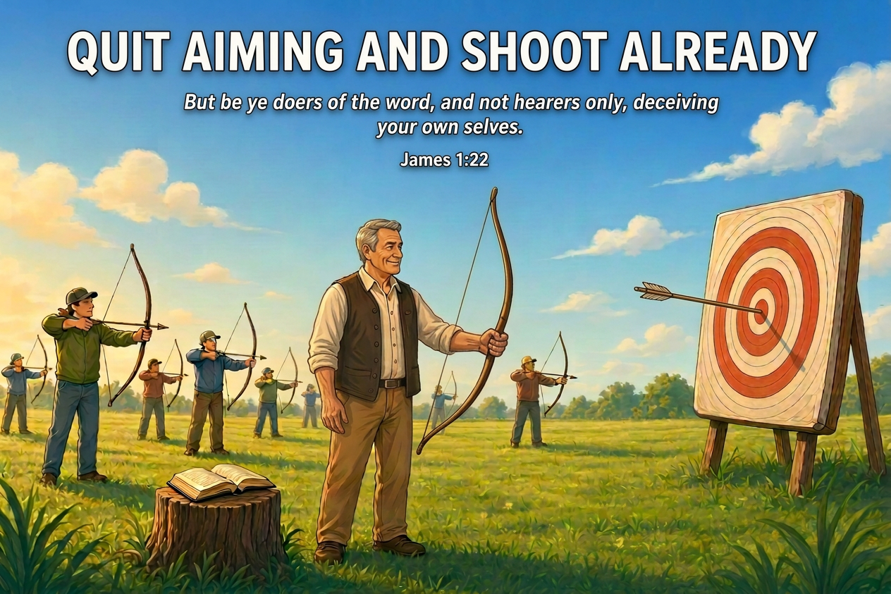 Archers aim at targets beneath text quoting James 1:22: “Quit aiming and shoot already.”